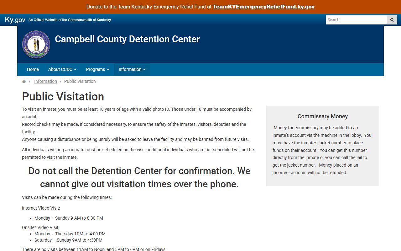 Campbell County public video visitation schedule on the official detention center website