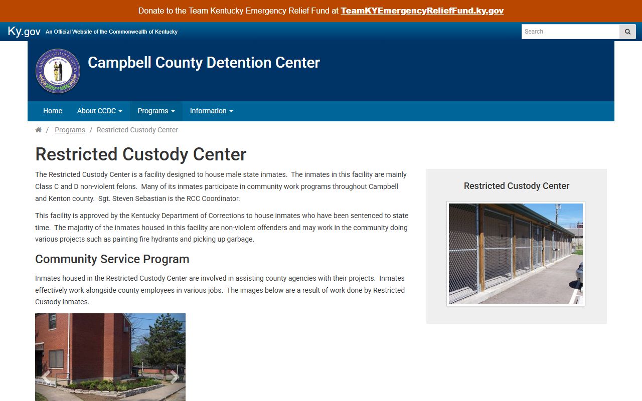 Campbell County Restricted Custody Center official program page showing restricted custody work-camp information