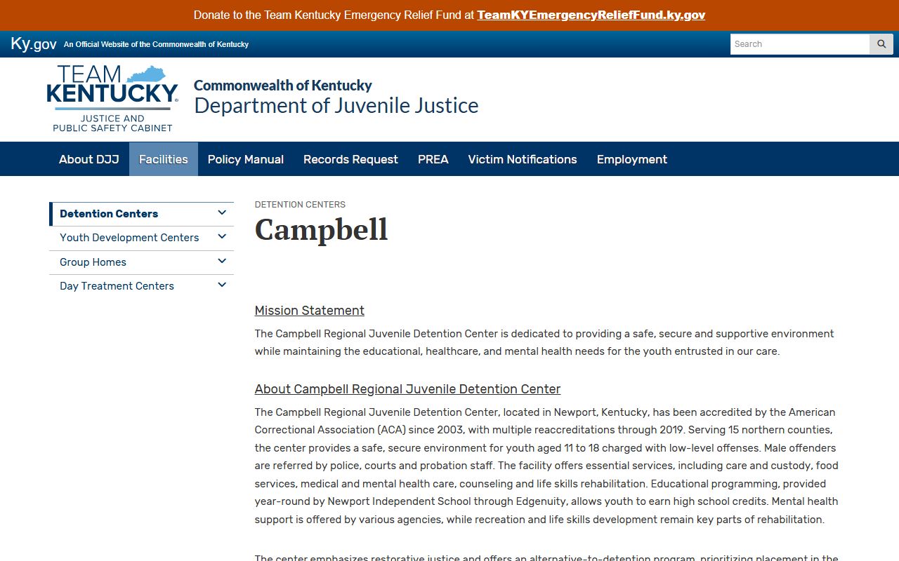 Kentucky DJJ Campbell Regional Juvenile Detention Center official facility page